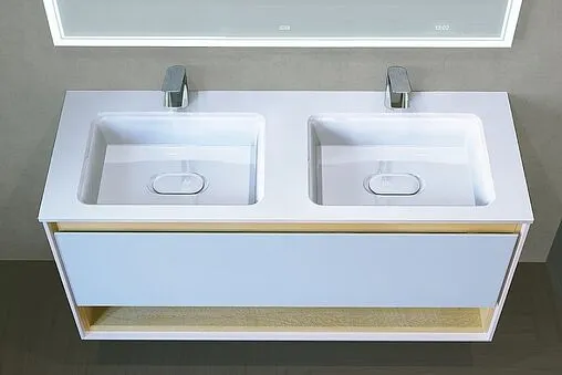 Тумба под умывальник подвесная Jorno Glass 120 белый/дуб сонома Gla.01.122/P/W