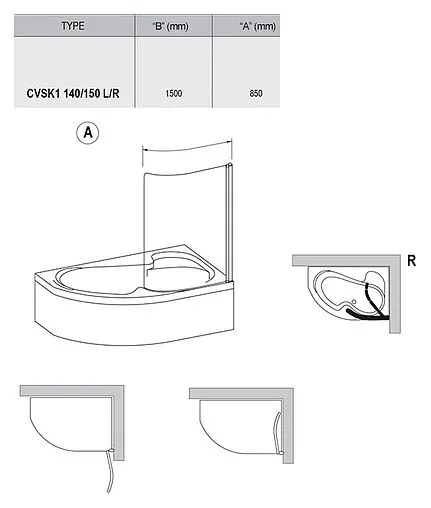 Шторка на ванну 1400мм прозрачное стекло Ravak Rosa CVSK1 140/150 R 7QRM0100Y1