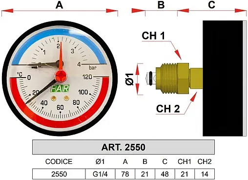 Термоманометр аксиальный Far 80мм 4 бар 120°С ½&quot; FA 2550 12