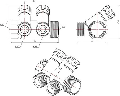 Коллектор регулирующий проходной 2 отвода 1&quot;в/н x ¾&quot;ек Valtec VTc.560.NE.060502