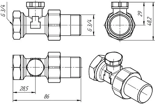 Вентиль запорный прямой ¾&quot; в/н Valtec VT.020.N.05
