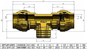 Тройник компрессионный переходной 25мм x ¾"н x 25мм Tiemme 3400069 Тройник компрессионный переходной 25мм x ¾"н x 25мм Tiemme 3400069, 2
