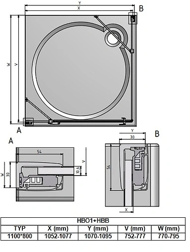 Душевое ограждение 1100x800мм прозрачное стекло Roltechnik Hitech Line HBO1+HBB/1100*800 284-1100000-06-02+286-8000000-06-02