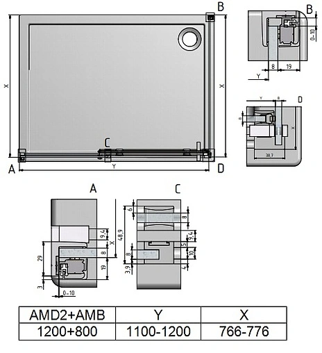 Душевое ограждение 1200x800мм прозрачное стекло Roltechnik Ambient Line AMD2+AMB/1200*800 620-1200000-00-02+621-8000000-00-02