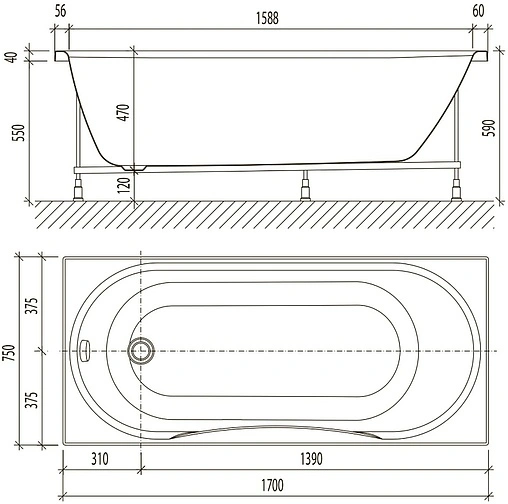 Ванна акриловая Eurolux Oliva 170х75 E1017075026 Ванна акриловая Eurolux Oliva 170х75 E1017075026