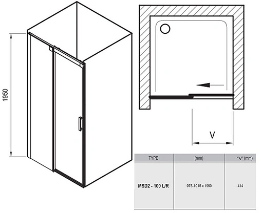 Дверь в нишу 1000мм прозрачное стекло Ravak Matrix MSD2-100 R 0WPA0U00Z1