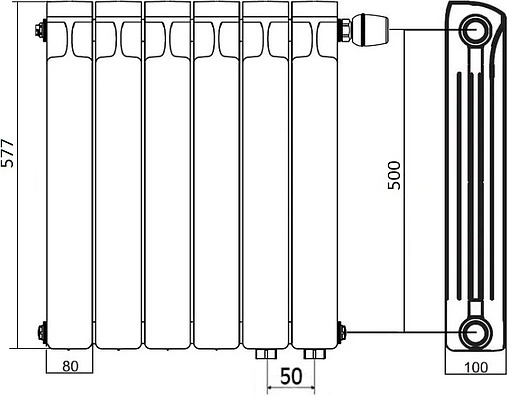 Радиатор биметаллический 14 секции нижнее правое подключение Rifar Monolit Ventil 500 серый RMVRF50014 tit