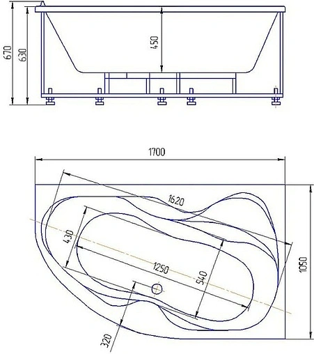 Ванна акриловая Aquatek Вега 170х105 R с фронтальной панелью с каркасом (разборный) VEG170-0000083