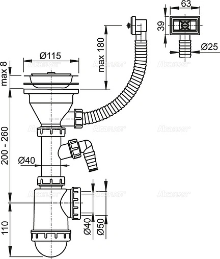 Сифон бутылочный для мойки с переливом AlcaPlast A447P-DN50/40