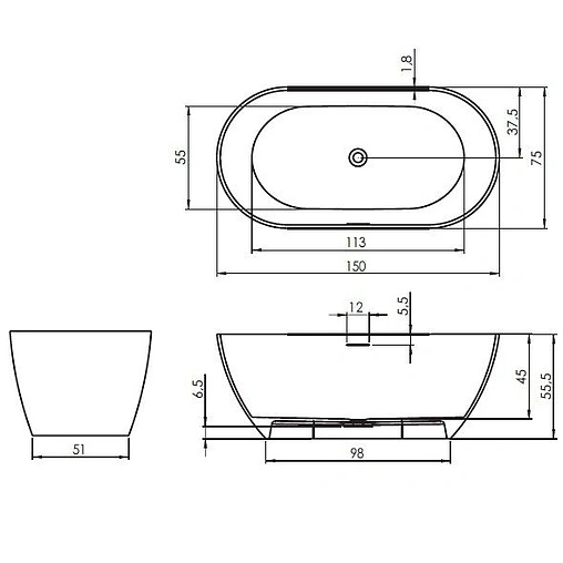 Ванна отдельностоящая из искусственного камня Riho Bilbao 150x75 белый B119001105