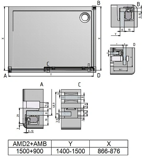 Душевое ограждение 1500x900мм прозрачное стекло Roltechnik Ambient Line AMD2+AMB/1500*900 620-1500000-00-02+621-9000000-00-02