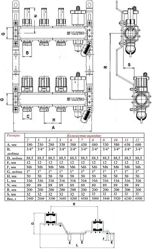 Группа коллекторная с расходомерами 7 отводов 1&quot;в/в x ¾&quot;ек Valtec VTc.586.EMNX.0607