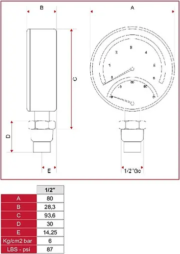 Термоманометр радиальный Itap 80мм 6 бар 120°С ½&quot; 484B012