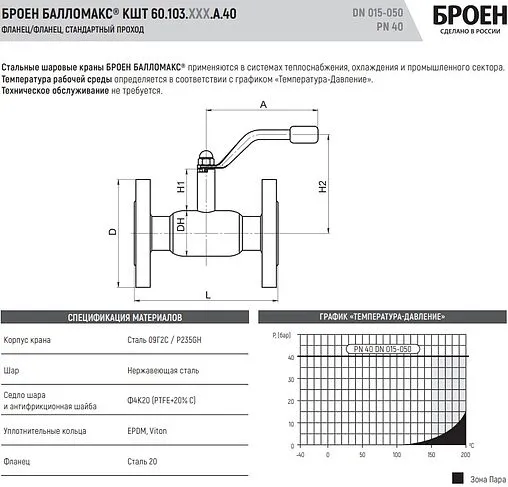Кран шаровый фланцевый Ду20 Ру40 Broen БАЛЛОМАКС КШТ 60.103.020.А.40