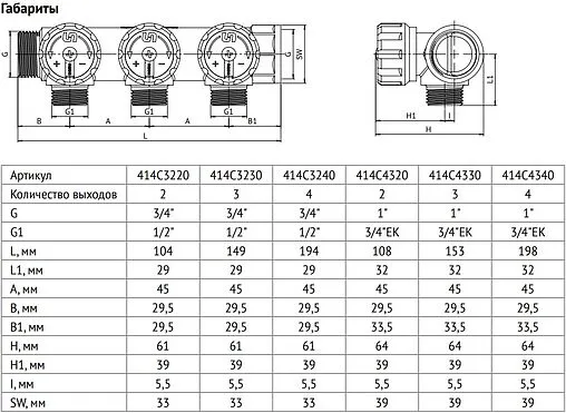 Коллектор регулирующий проходной 2 отвода ¾&quot;в/н x ¾&quot;ек Uni-fitt 414C3320