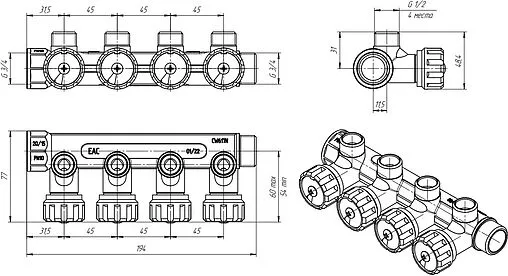 Коллектор регулирующий проходной 4 отвода ¾"в/н x ½"к Valtec VTc.570.N.0504 Коллектор регулирующий проходной 4 отвода ¾"в/н x ½"к Valtec VTc.570.N.0504
