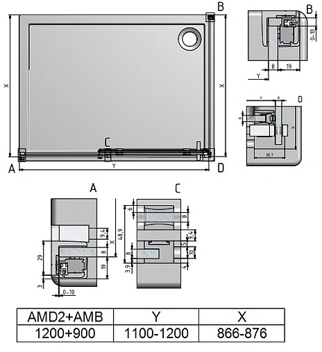 Душевое ограждение 1200x900мм прозрачное стекло Roltechnik Ambient Line AMD2+AMB/1200*900 620-1200000-00-02+621-9000000-00-02