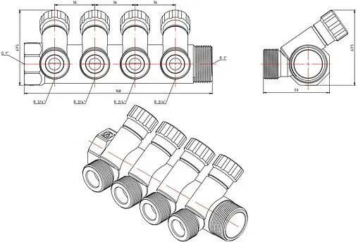 Коллектор регулирующий проходной 4 отвода 1&quot;в/н x ¾&quot;ек Valtec VTc.560.NE.060504