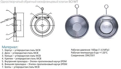 Клапан обратный поворотный одностворчатый межфланцевый Ду40 Ру16 Water Technics SCI WT SKL100701040