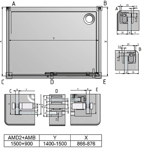Душевое ограждение 1500x900мм прозрачное стекло Roltechnik Ambient Line AMB+AMD2+AMB/900*1500*900 621-9000000-00-02+620-1500000-00-02+621-9000000-00-02