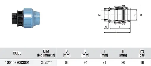 Муфта компрессионная переходная 32мм x ¾&quot;в Unidelta 1004032003