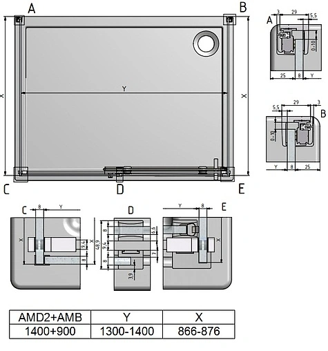 Душевое ограждение 1400x900мм прозрачное стекло Roltechnik Ambient Line AMB+AMD2+AMB/900*1400*900 621-9000000-00-02+620-1400000-00-02+621-9000000-00-02