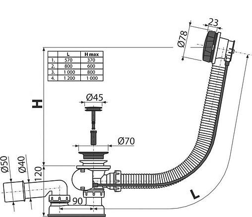 Слив-перелив для ванны AlcaPlast чёрный матовый A55BLACK-120