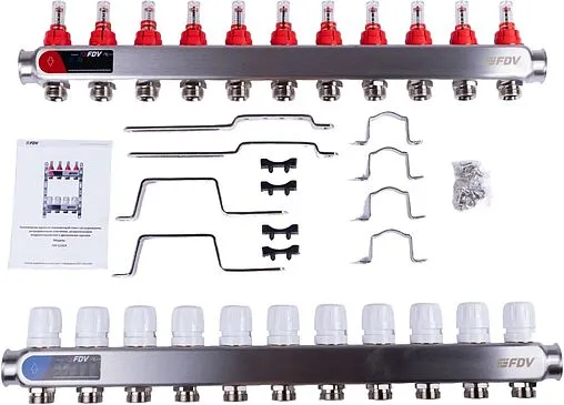 Группа коллекторная с расходомерами 11 отводов 1&quot;в/в x ¾&quot;ек FDV S1101A-1/11
