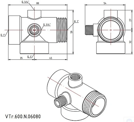 Пятиходовой штуцер 80мм Valtec VTr.600.N.06080