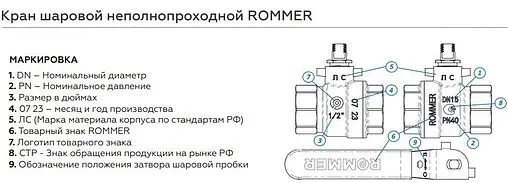 Кран шаровый ½&quot;в x ½&quot;в Rommer ГОСТ Р 59553-2021 RBV-0002-2210315