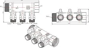 Коллектор запорный проходной 3 отвода 1&quot;в/н x ½&quot;к Valtec VTc.580.N.0603, 2