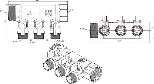 Коллектор запорный проходной 3 отвода 1&quot;в/н x ½&quot;к Valtec VTc.580.N.0603