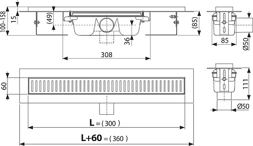Лоток душевой 300мм h=85мм 1.15л/сек AlcaPlast APZ1-300
