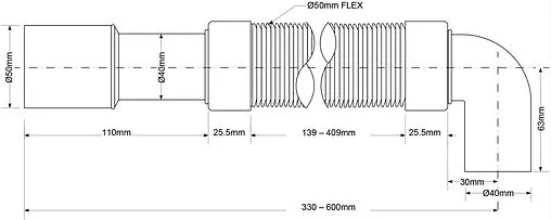 Слив гофрированный Mc Alpine 40x50мм L=330-600мм MRMF2-E