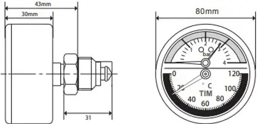 Термоманометр аксиальный TIM 80мм 10 бар 120°С ½&quot; Y-80T-10