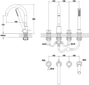 Смеситель на борт ванны на 4 отверстия WHITECROSS Y black чёрный матовый Y1232BL Смеситель на борт ванны на 4 отверстия WHITECROSS Y black чёрный матовый Y1232BL, 2