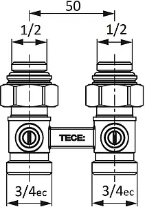 Узел нижнего подключения радиатора прямой ¾&quot;ек x ¾&quot;нг (½&quot;н) TECE 8740437, 2