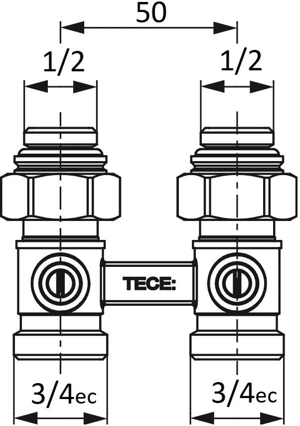 Узел нижнего подключения радиатора прямой ¾&quot;ек x ¾&quot;нг (½&quot;н) TECE 8740437