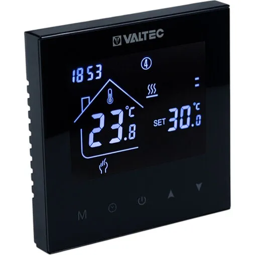 Проводной комнатный терморегулятор двухконтурный НО/НЗ 230В Valtec черный VT.AC634.B.0
