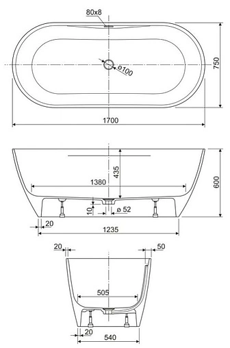 Ванна отдельностоящая из искусственного камня Cezares Titan-Round-170-75-57