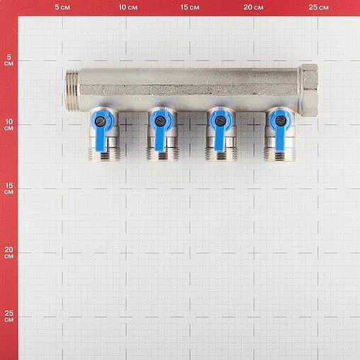 Коллектор запорный проходной 4 отвода синий 1&quot;в/н x ¾&quot;ек Henco VB060504-BLAUW