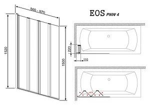 Шторка на ванну 850мм прозрачное стекло Radaway Eos PNW4 80 205401-101, 2