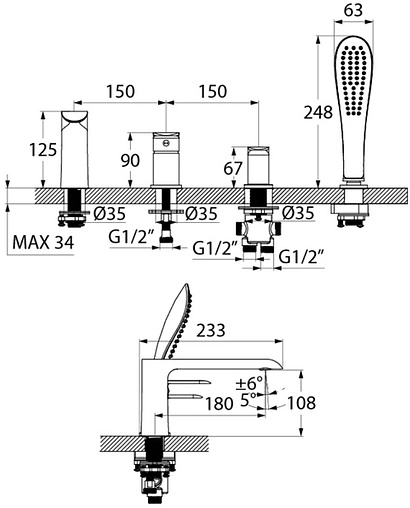 Смеситель на борт ванны на 4 отверстия IDDIS Calipso белый/хром CALSB42i07
