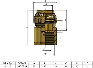 Муфта компрессионная переходная 20мм x ½"в Tiemme 3400016 Муфта компрессионная переходная 20мм x ½"в Tiemme 3400016, 2