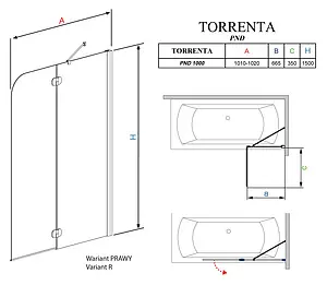 Шторка на ванну 1000мм тонированное стекло Radaway Torrenta PND PND 100 R 201202-105NR, 2