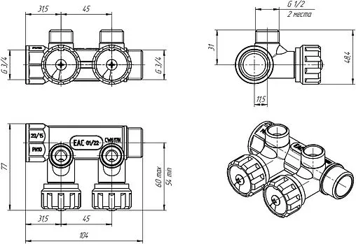 Коллектор регулирующий проходной 2 отвода ¾&quot;в/н x ½&quot;к Valtec VTc.570.N.0502