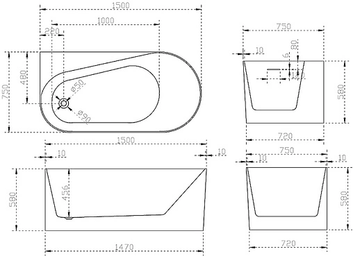 Ванна акриловая отдельностоящая Abber 150х75 L AB9496-1.5 L