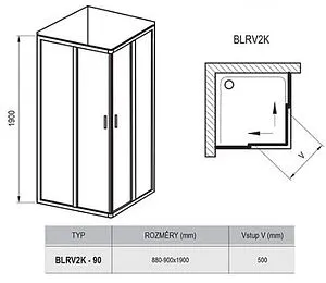 Душевая дверь 900мм прозрачное, матовое стекло Ravak Blix BLRV2K-90 1XV70U00ZG, 2