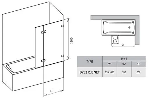 Шторка на ванну 1000мм прозрачное стекло Ravak Brilliant BVS2-100 R 7UPA0A00Z1