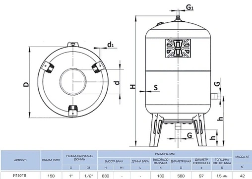 Гидроаккумулятор UNIGB V 150л 10 бар И150ГВ Гидроаккумулятор UNIGB V 150л 10 бар И150ГВ